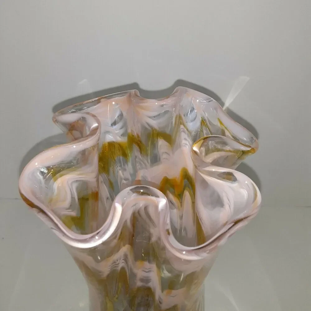 Vintage Hand Blown Decorative Glass Vase Footed Lace Scallop